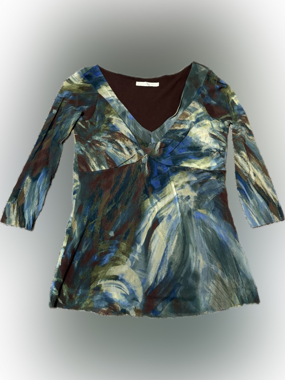 E88 Weston Wear Multicolor Abstract V-Neck 3/4 Sleeve Top, Size L
